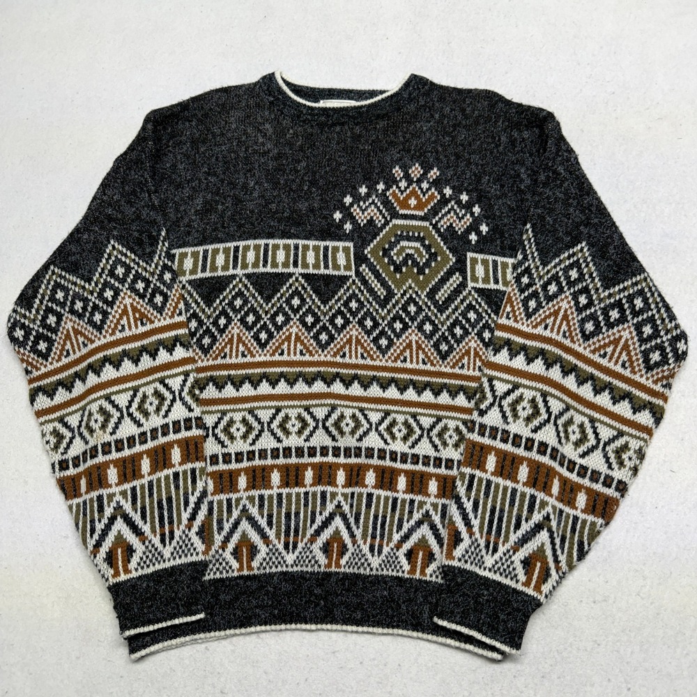 Vintage Sears‎ Mens Store 90s Geometric Tribal Knit Sweater XL Charcoal Gray